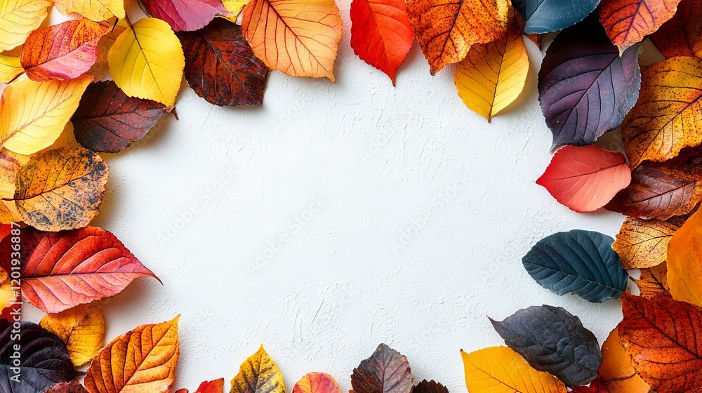 Poster a beautiful display of autumn leaves in various shades, framing a white textured background creating