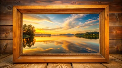 A beautifully crafted wooden picture frame is adorned with a golden finish, holding a beautiful landscape photograph of a peaceful lake at dawn, golden frame, wooden picture frame