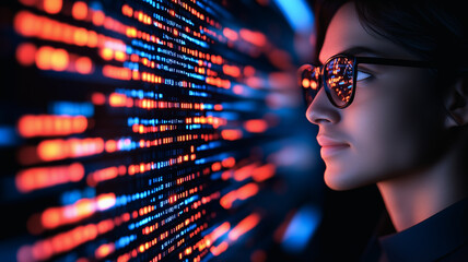 Woman Programmer: A focused female programmer gazes intently at lines of code displayed on a large screen, illuminated in vibrant hues of orange and blue.