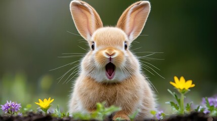 Surprised bunny in spring meadow, flowers background; Easter card