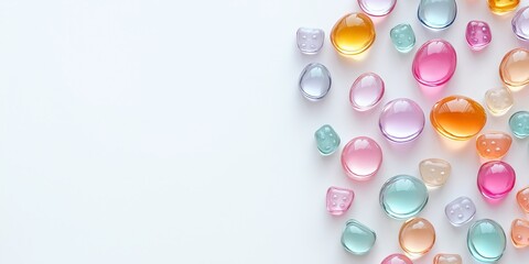 Colorful Gel Drops on White Backdrop. Glossy Spheres in Various Sizes with Soft Shadows. Bright Transparent Shapes Creating a Abstract Design. Perfect for Cosmetics, Spa, and Wellness. AI generated