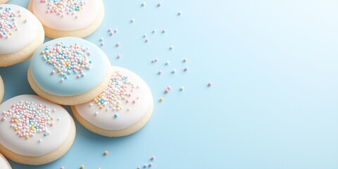 Obraz premium Sugar Cookies with Pastel Icing. Round Frosted Biscuits Decorated with Colorful Sprinkles on Soft Blue Backdrop. Sweet Dessert with Empty Space. Perfect for Bakery and Celebrations. AI generated