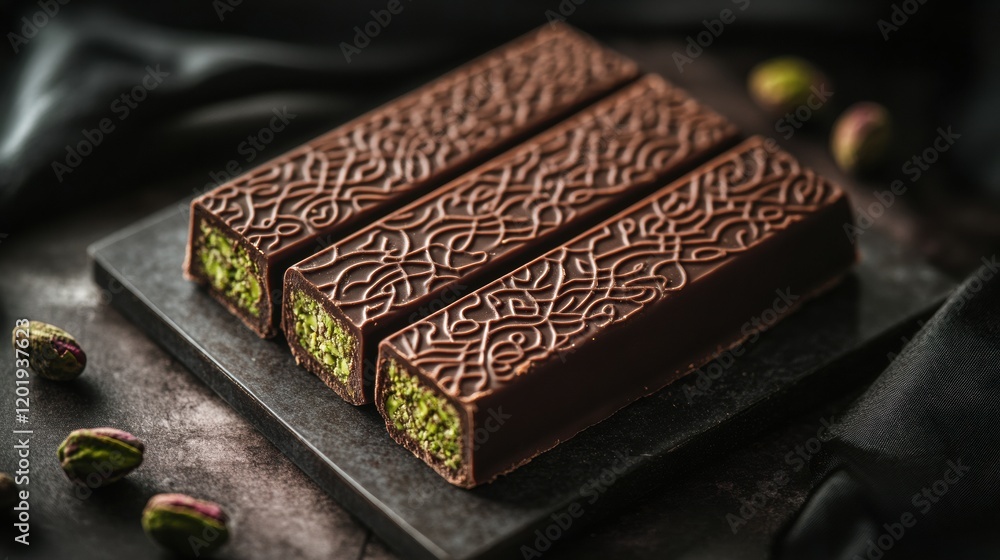 Aufkleber rich chocolate bars with pistachio filling resting on a golden plate adorned with intricate arabic p