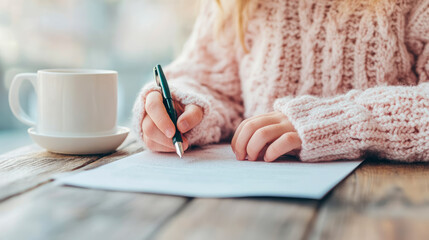 Cozy Winter Writing Session: Woman in Knit Sweater Writes with Fountain Pen Beside a Warm Drink