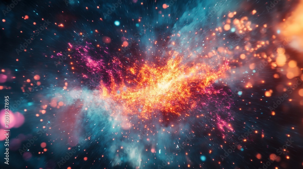 Poster a vibrant image of a high-energy particle collision experiment in a large hadron collider setting