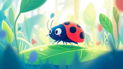 Adorable Ladybug on Leaf in Sunny Meadow Illustration