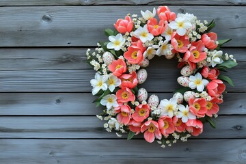 This vibrant Easter wreath features colorful flowers and decorative eggs, perfect for spring decor and enhancing your festive atmosphere.