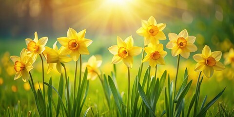 A cluster of bright yellow daffodils swaying gently in a sunny meadow amidst lush green grass and wildflowers , flowers