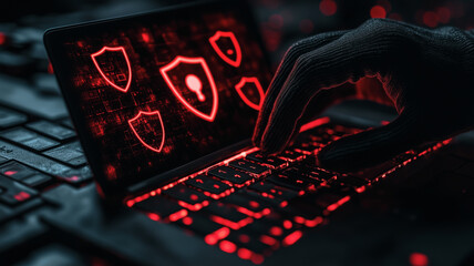 Cybersecurity:  A hand types on a glowing laptop keyboard, surrounded by digital shield icons,...