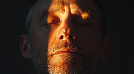 A portrait of an adult with light softly illuminating their features conveying a calm and peaceful mood