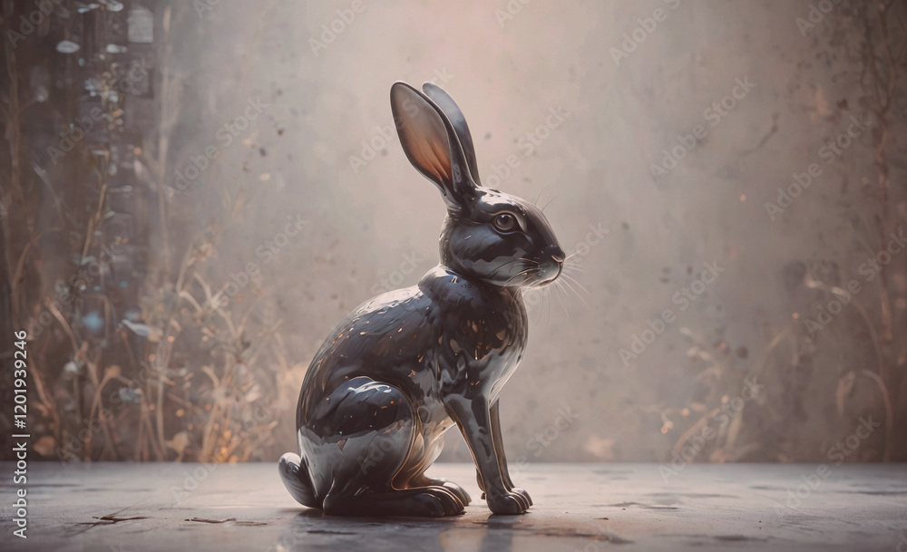 Poster a silver rabbit is sitting on a concrete floor. the rabbit is looking to the right. the rabbit is si