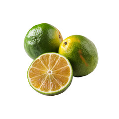 Green Tangerines: Juicy, ripe green tangerines, one cut in half to reveal its vibrant, segmented interior,  sit invitingly, promising a burst of fresh citrus flavor.