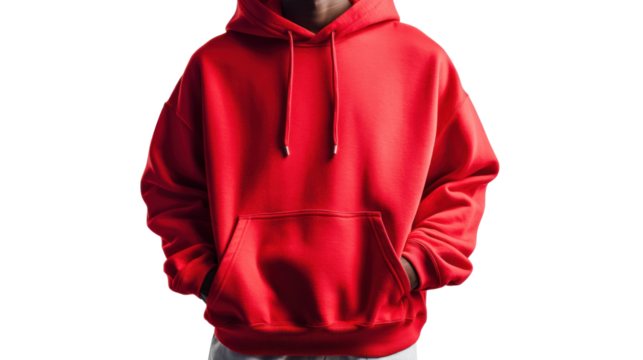 A stylish person wearing a vibrant red hoodie, casually standing with hands in the pockets. The attire reflects modern urban fashion trends.