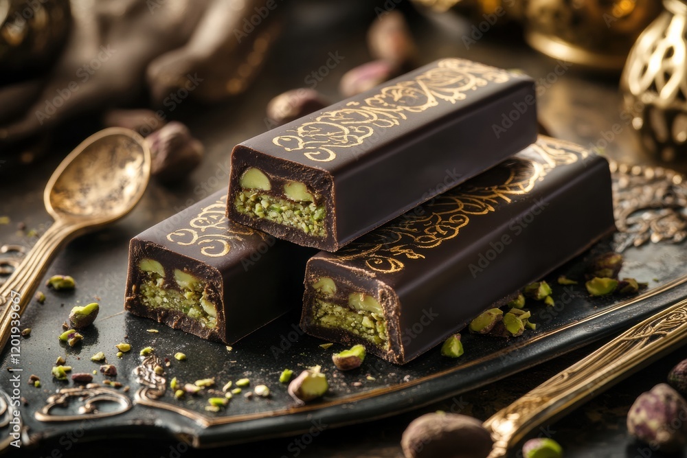 Poster delicious chocolate bar featuring rich pistachio paste filling with elegant presentation on an ornat