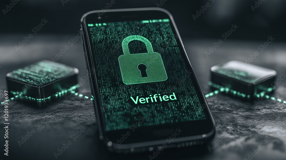 Poster cybersecurity verified: smartphone displaying a green verified padlock symbol on its screen, resting
