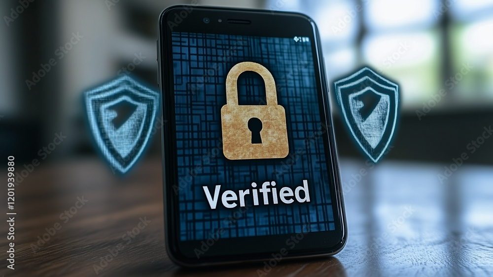 Poster smartphone security: a modern smartphone with a digital lock and two protective shields on a wooden 