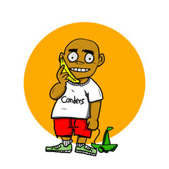 Fat bald Asian boy playing with traditional car and bananas