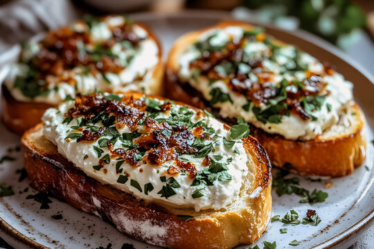 Tartines de fromage frais avec oignons frits