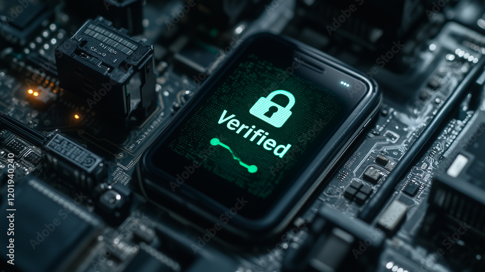 Poster cybersecurity verified: smartphone screen displaying a verified padlock icon on a circuit board, sym