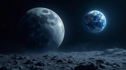 Stunning view shows Earth positioned across the lunar surface, highlighting craters and rocks under a starry night sky, creating a sense of vastness and tranquility.