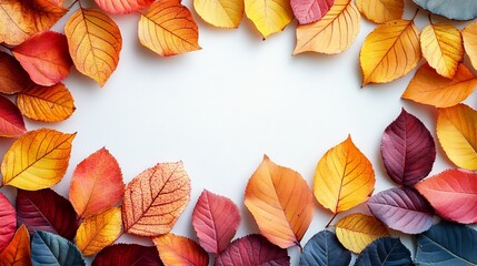 Fototapeta premium Autumn leaves frame a blank white canvas offering a versatile space for creative designs and content with their seasonal beauty and colors
