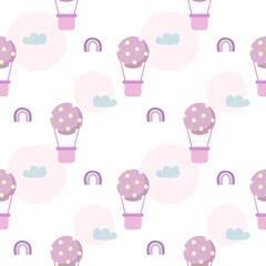Purple hot air balloon cartoon so cute. On rainbow cloud background. Pattern seamless vector illustration. 