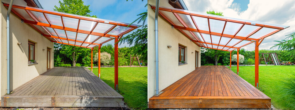 Before and after comparison of a wooden deck restoration showing untreated and freshly stained surfaces under a pergola in a backyard setting