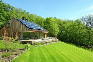 Modern House with Expansive Glass Walls and Sloped Roof, Set Against a Lush Green Landscape