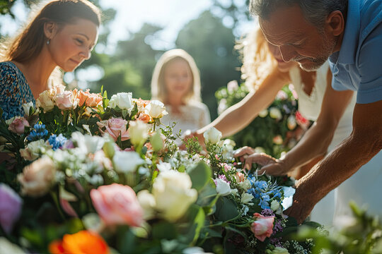Family placing flowers on a casket during a graveside service