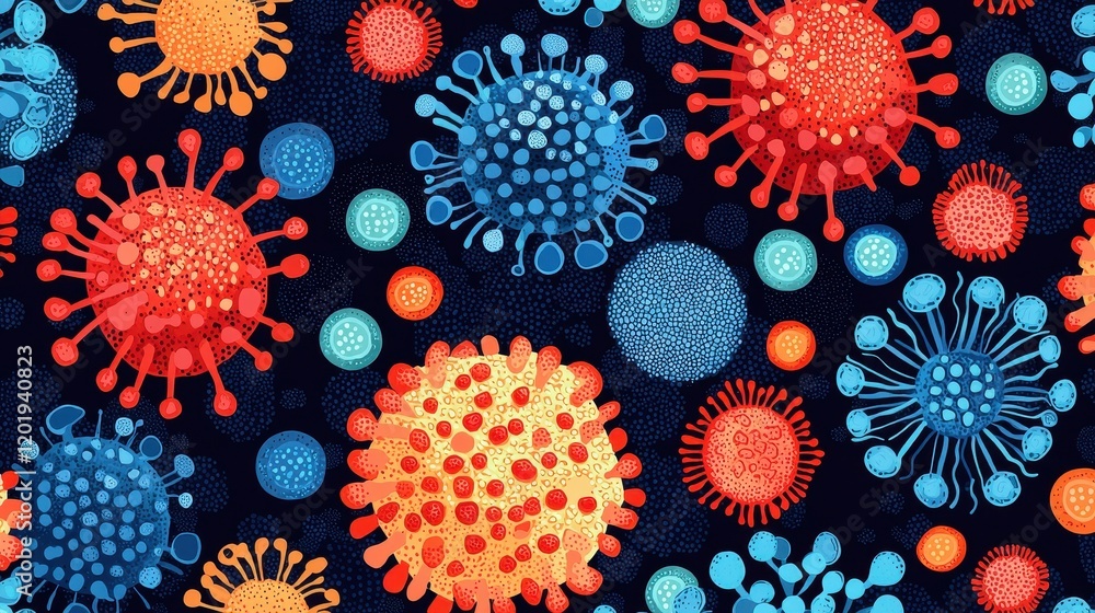 Poster a vibrant illustration of colorful virus-like structures on a dark background, showcasing intricate 
