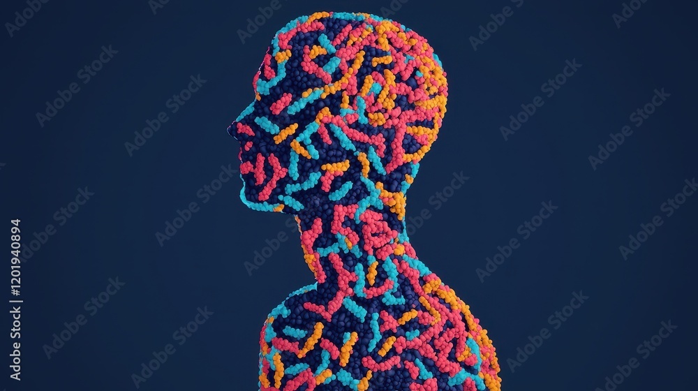 Poster a colorful, abstract representation of a human silhouette filled with vibrant patterns, symbolizing 