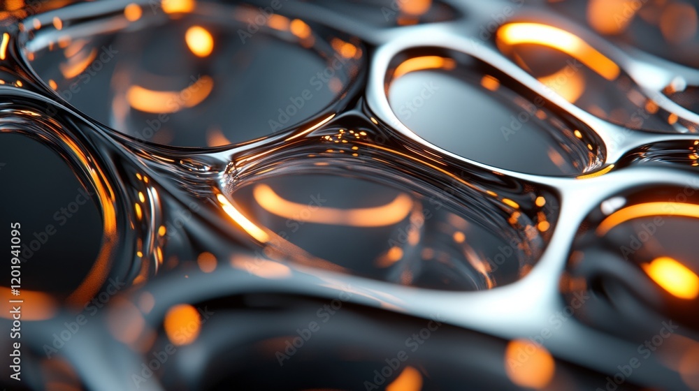 Poster abstract macro photography of fluid bubbles and glowing light reflections in a dynamic background.