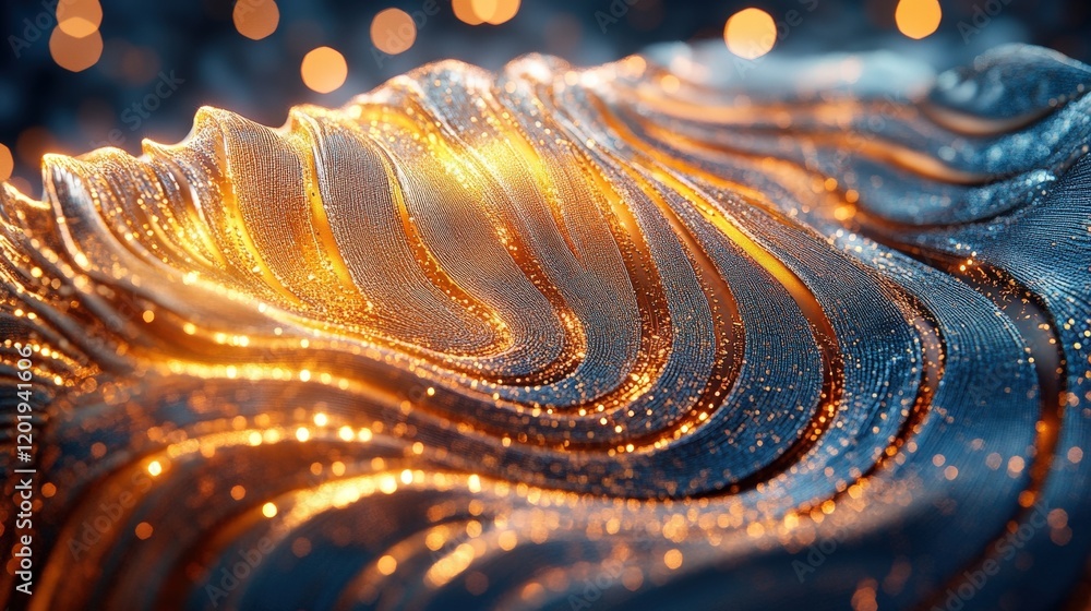 Poster stunning close-up of wavy textile with shimmering gold highlights reflecting light and creating a dr