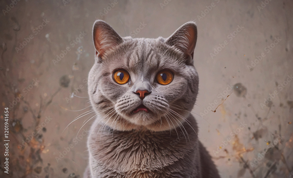 Poster a grey cat with yellow eyes is staring at the camera. the cat has a very cute and friendly expressio