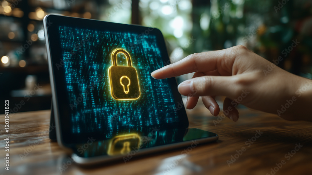 Poster digital security: a close-up image of a hand tapping a glowing padlock icon on a tablet screen with 