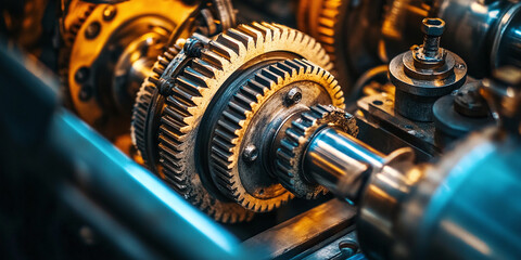 Fototapeta premium Close-up of intricate machine gears with metallic textures in warm lighting, representing engineering, precision, and the inner workings of industrial machinery.