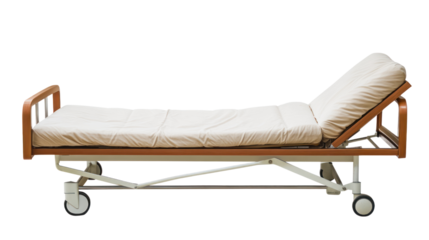 A comfortable hospital bed with wooden accents and a soft mattress, designed for patient care and recovery, ideal for healthcare settings.