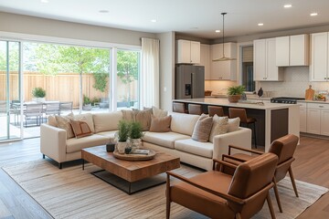 Modern open-concept living room and kitchen with warm brown tones, chocolate accents, and creamy upholstery.