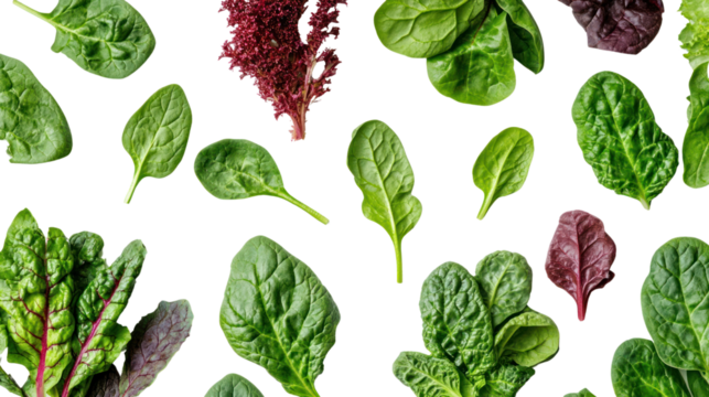 An assortment of fresh greens, including various types of spinach and lettuce, arranged artistically on a black background.