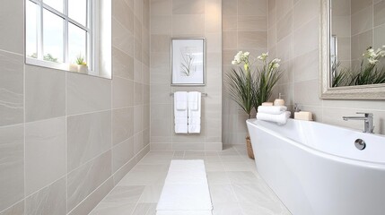 Obraz premium Modern bathroom interior design, featuring freestanding bathtub, neutral tones, and natural light