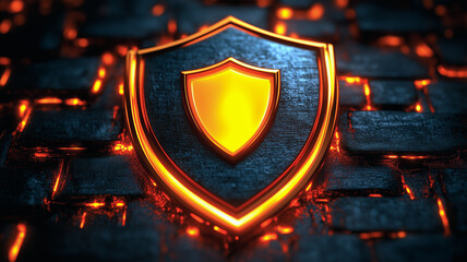 Fiery Shield of Protection: A glowing, metallic shield with a fiery orange core rests on a dark, textured surface, symbolizing strength, security, and resilience.