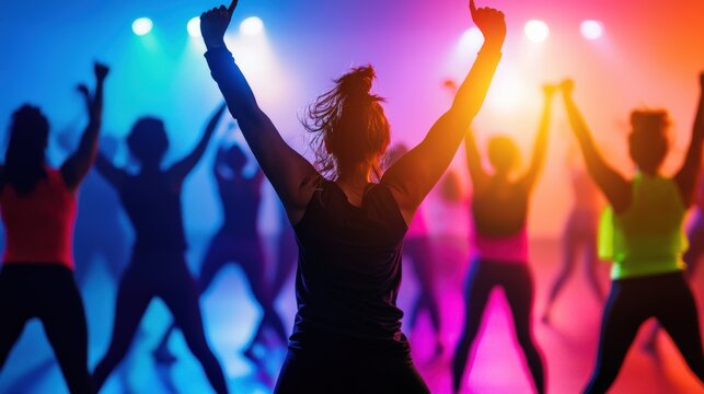 A Zumba dance class with vibrant energy, colorful lights, and enthusiastic participants