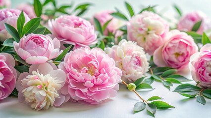 Pastel pink peony flowers scattered on a soft white background
