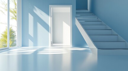 Obraz premium Sunlit empty room with stairs and window.