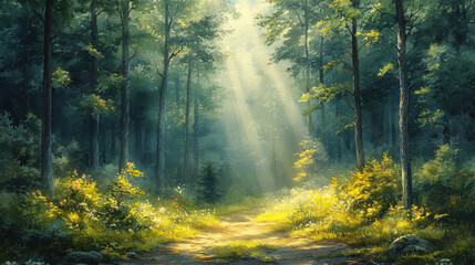 Fototapeta premium serene forest scene with sunlight filtering through trees, creating peaceful atmosphere. vibrant greenery and soft light evoke sense of tranquility and connection to nature