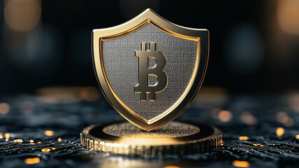 Bitcoin Security: A golden shield with a silver Bitcoin symbol on it, rests on a golden coin symbolizing security and protection of cryptocurrency.