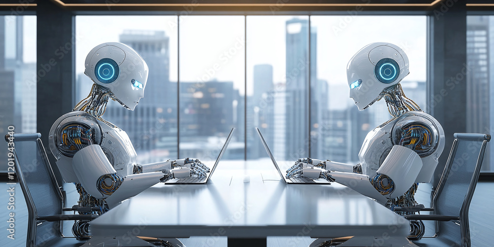 Poster two humanoid robots typing on laptops in a modern office setting, showcasing artificial intelligence