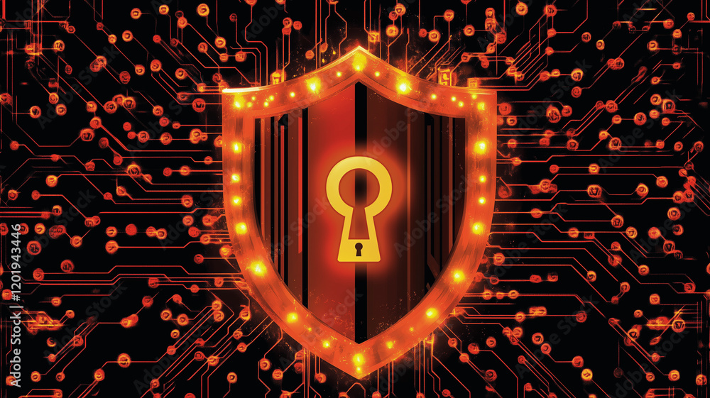 Poster cybersecurity shield: a glowing golden keyhole embedded in a robust red shield, set against a futuri