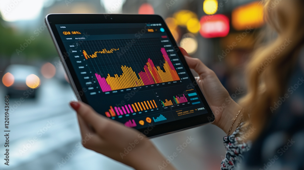 Poster analyzing data on the go: a woman's hands hold a tablet displaying vibrant data graphs and charts, s