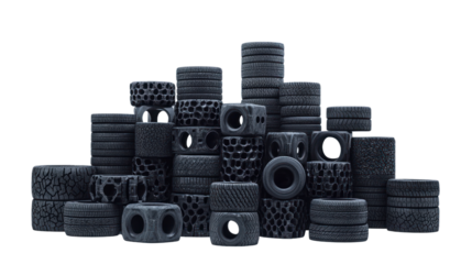 A collection of used tires stacked in a chaotic yet organized manner. Represents recycling and industrial waste management in a modern context.